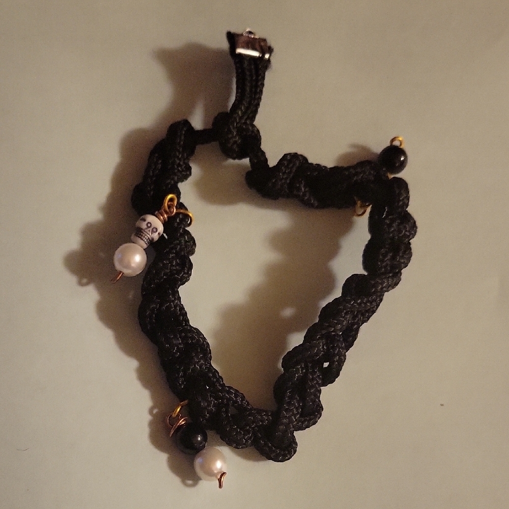 Black Braided Bracelet with Faux Pearls